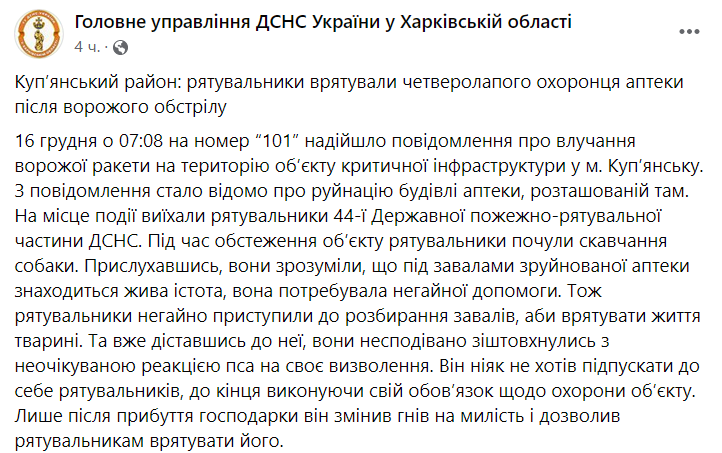 Харьковские спасатели спасли собаку из-под завалов аптеки в Купянске