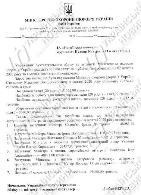 Информация Минздрава о зарплате руководства. Скриншот: Украинские новости