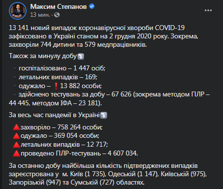 Статистика коронавируса в Украине на 2 декабря. Скриншот фебйсук-поста Степанова