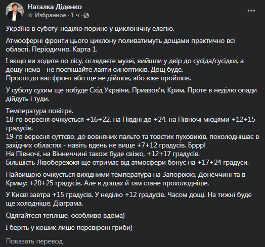 Прогноз погоды на выходные. Скриншот сообщения Диденко