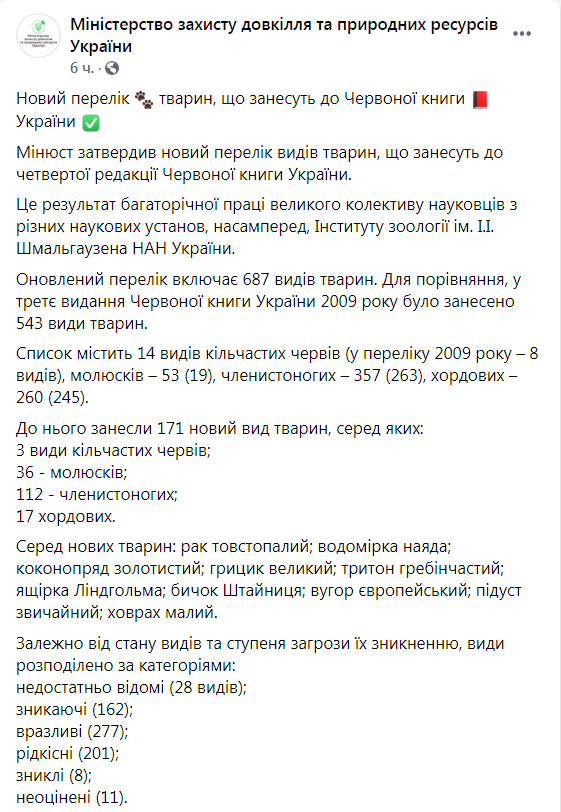 Скриншот из Фейсбука Министерства охраны окружающей природной среды