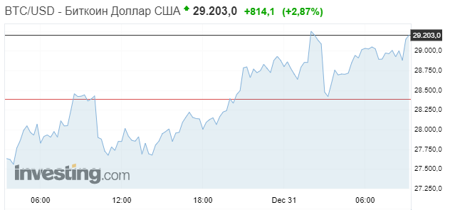 Более $29 тысяч. Биткоин обновил исторический максимум и продолжает расти в цене. Скриншот: Investing