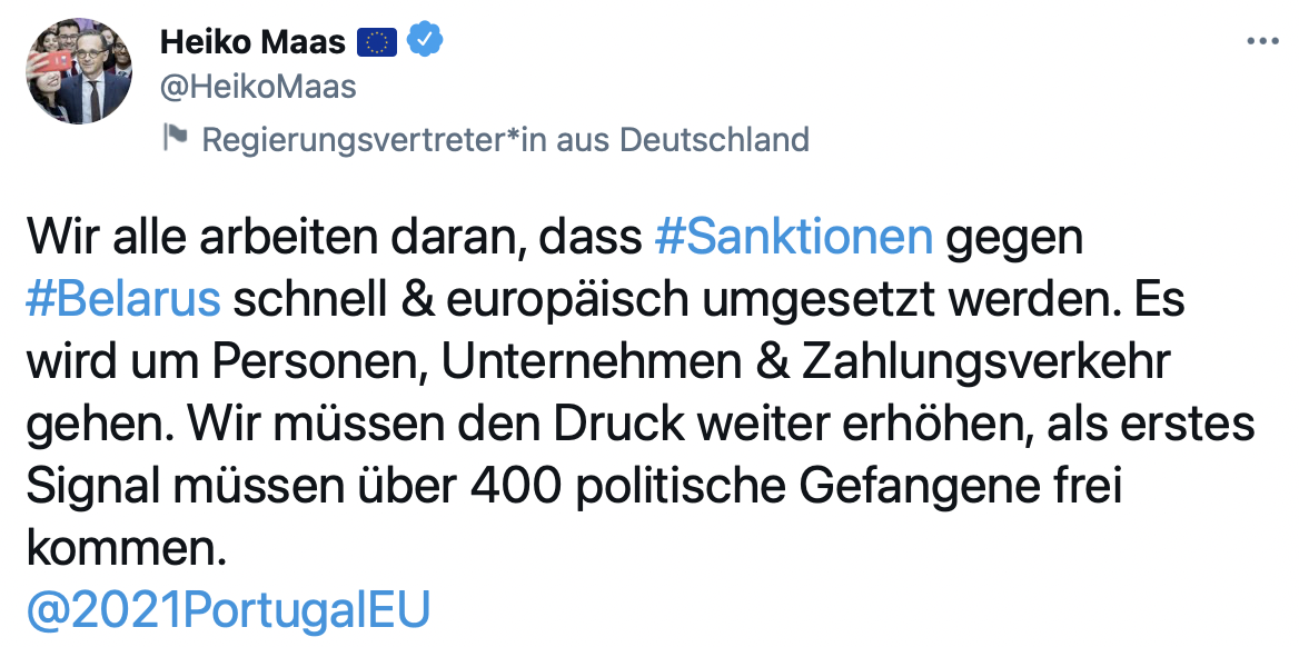 "Речь пойдет о людях, компаниях и платежах". МИД Германии прокомментировал будущие санкции ЕС против Беларуси. Скриншот