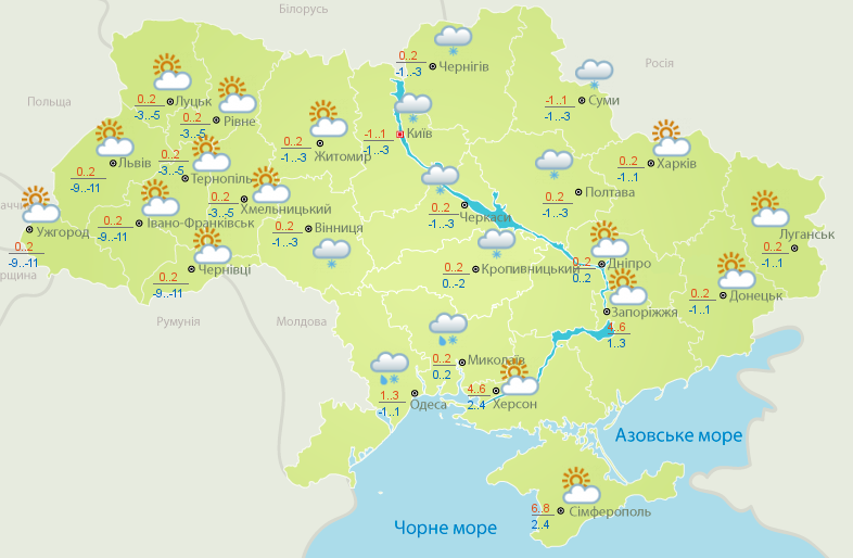 Мокрый снег и мороз. Синоптики дали прогноз на первые дни зимы. Карта: Укргидрометцентр