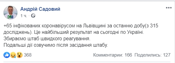 Коронавирус во Львовской области 8 мая. Скриншот: Facebook/ Андрей Садовый