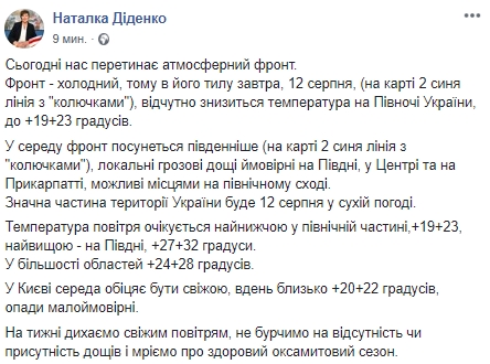 Прогноз погоды в Украине от народного синоптика Натальи Диденко на 12 августа. Скриншот: Facebook/ Наталья Диденко