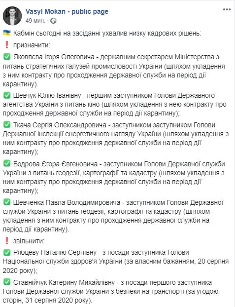 На заседании Кабмина 19 августа Павловского вместо Мурадова назначили председателем Государственной таможенной службы Украины. Скриншот: Facebook/ Mokan.Vasyl