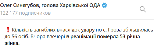 Число загиблих у Грозі збільшилося до 56 осіб