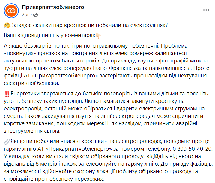 В Прикарпатье граждане бросают обувь на линии электропередач