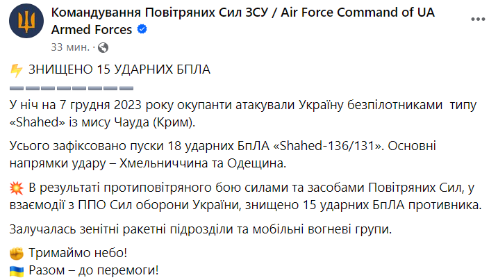 Сколько "Шахедов" сбили 7 декабря 2023 года