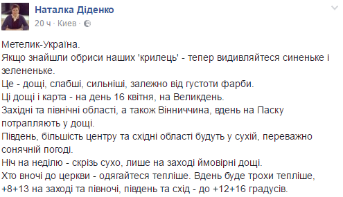 На Пасху в Киеве ожидается небольшой дождь